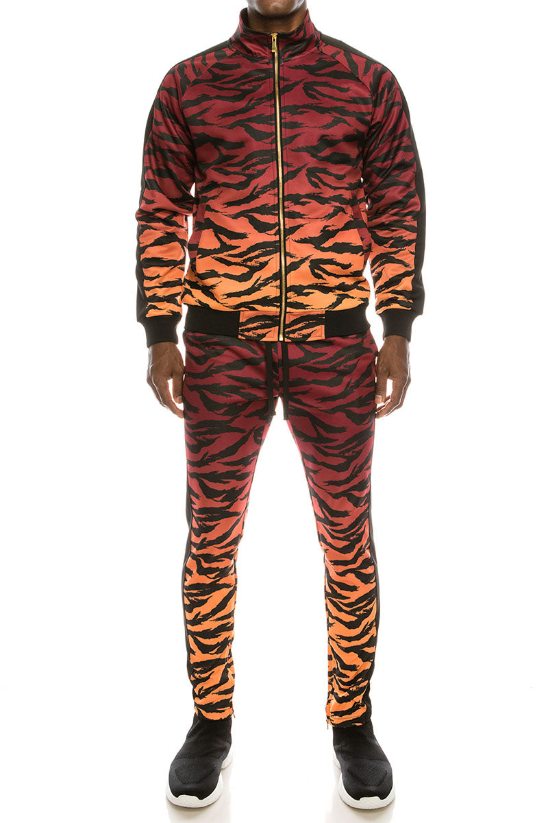 Men's Gold Accent Tiger Print Track Suits 2 Piece Sweat suit Set
