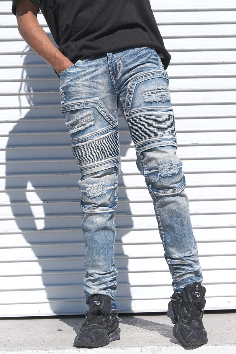 Victorious Men's Coated Slim Fit Moto Pants Biker Jeans 