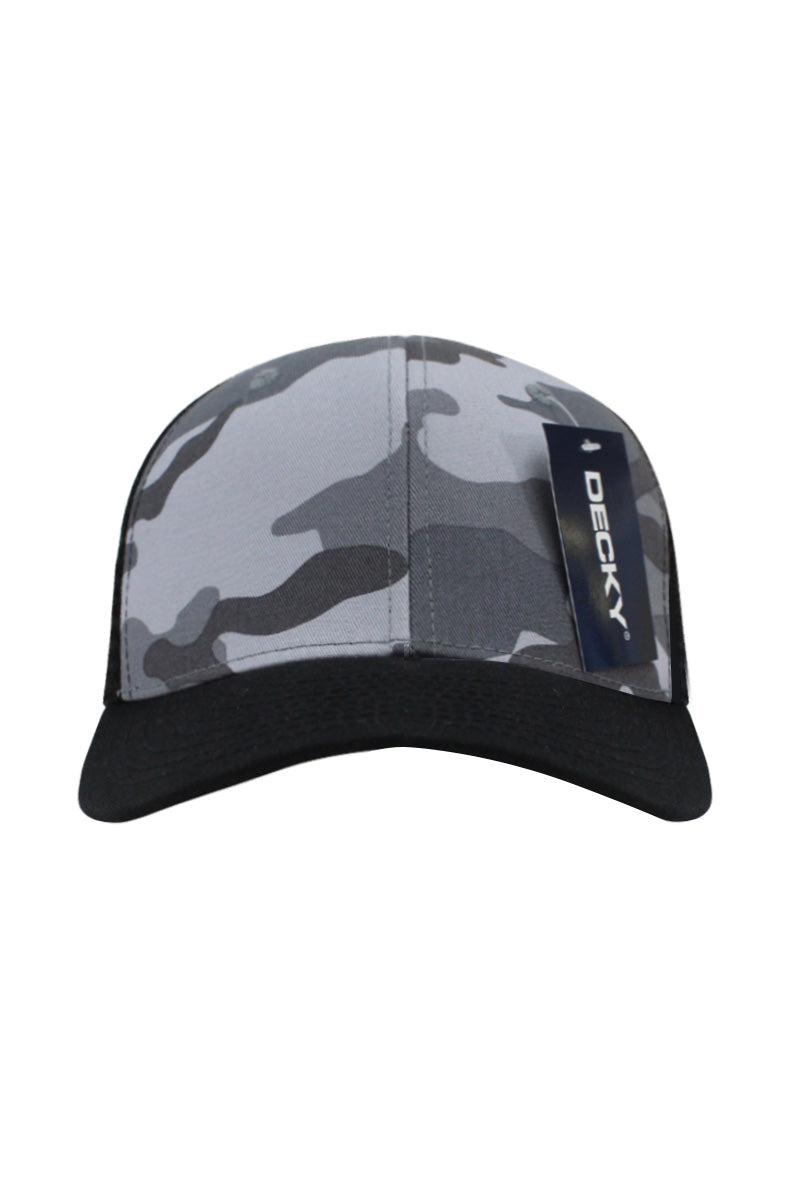 6 Panel Trucker Hat - Gray Camo / Black