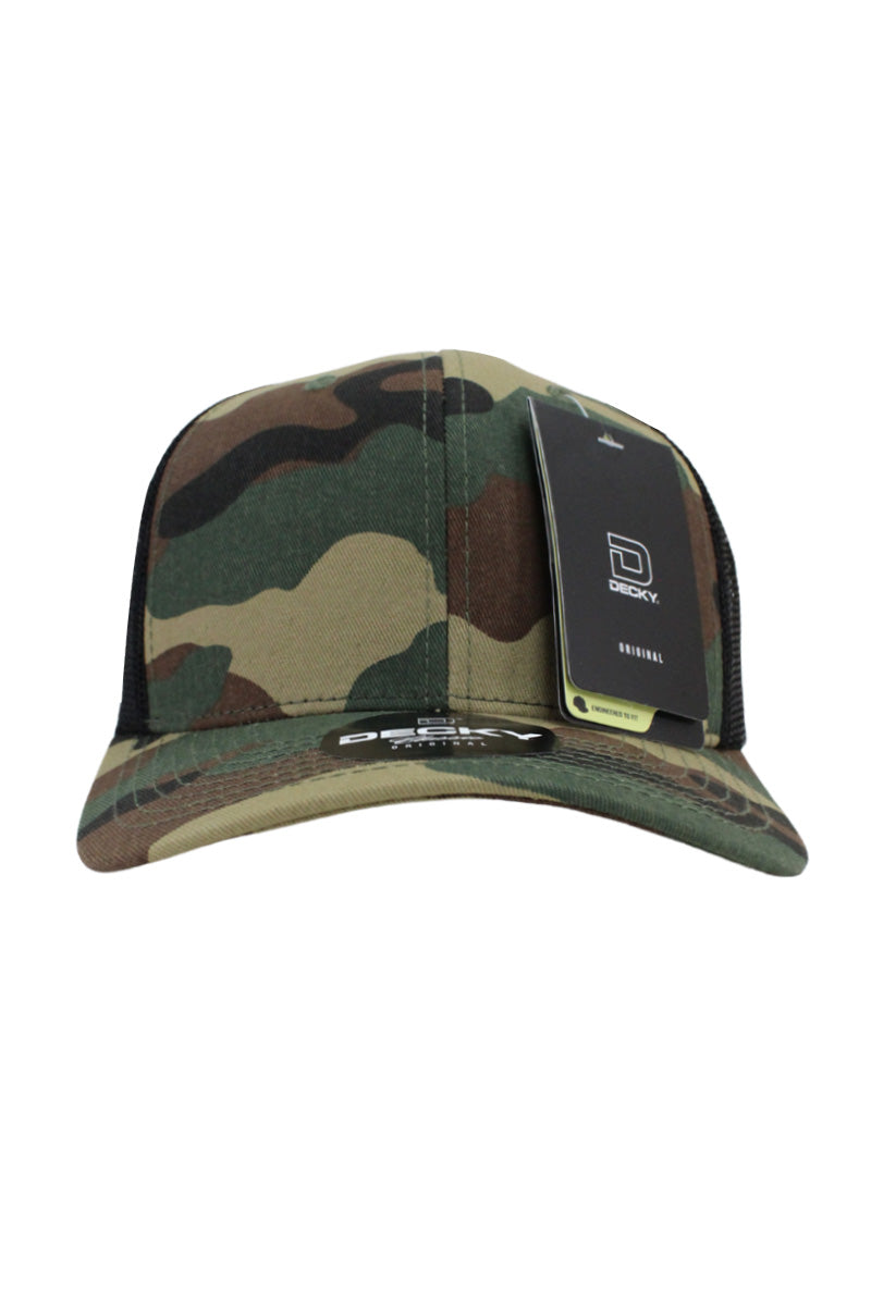 6 Panel Trucker Hat - Olive Camo / Black