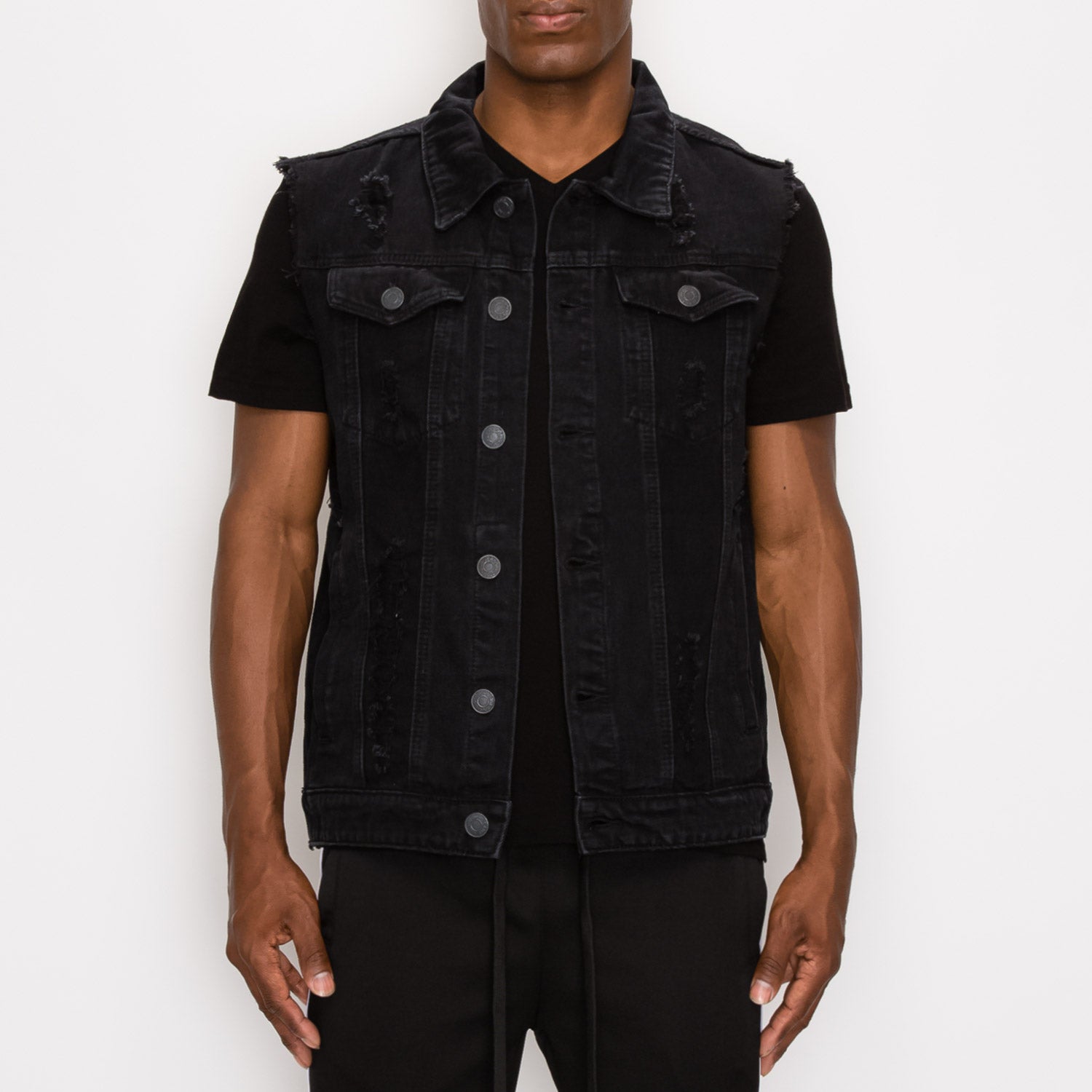 DISTRESSED DENIM VEST - BLACK