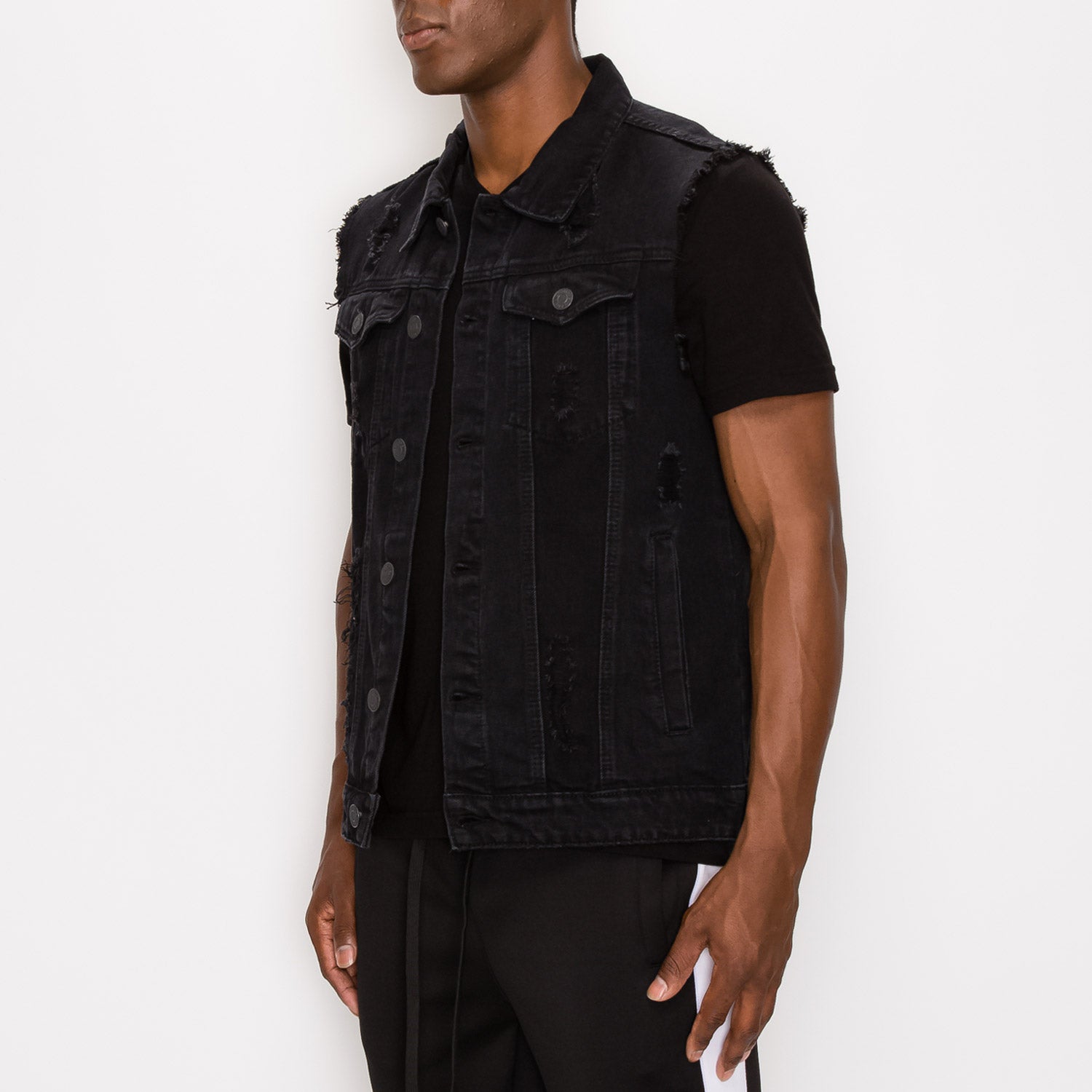 DISTRESSED DENIM VEST - BLACK